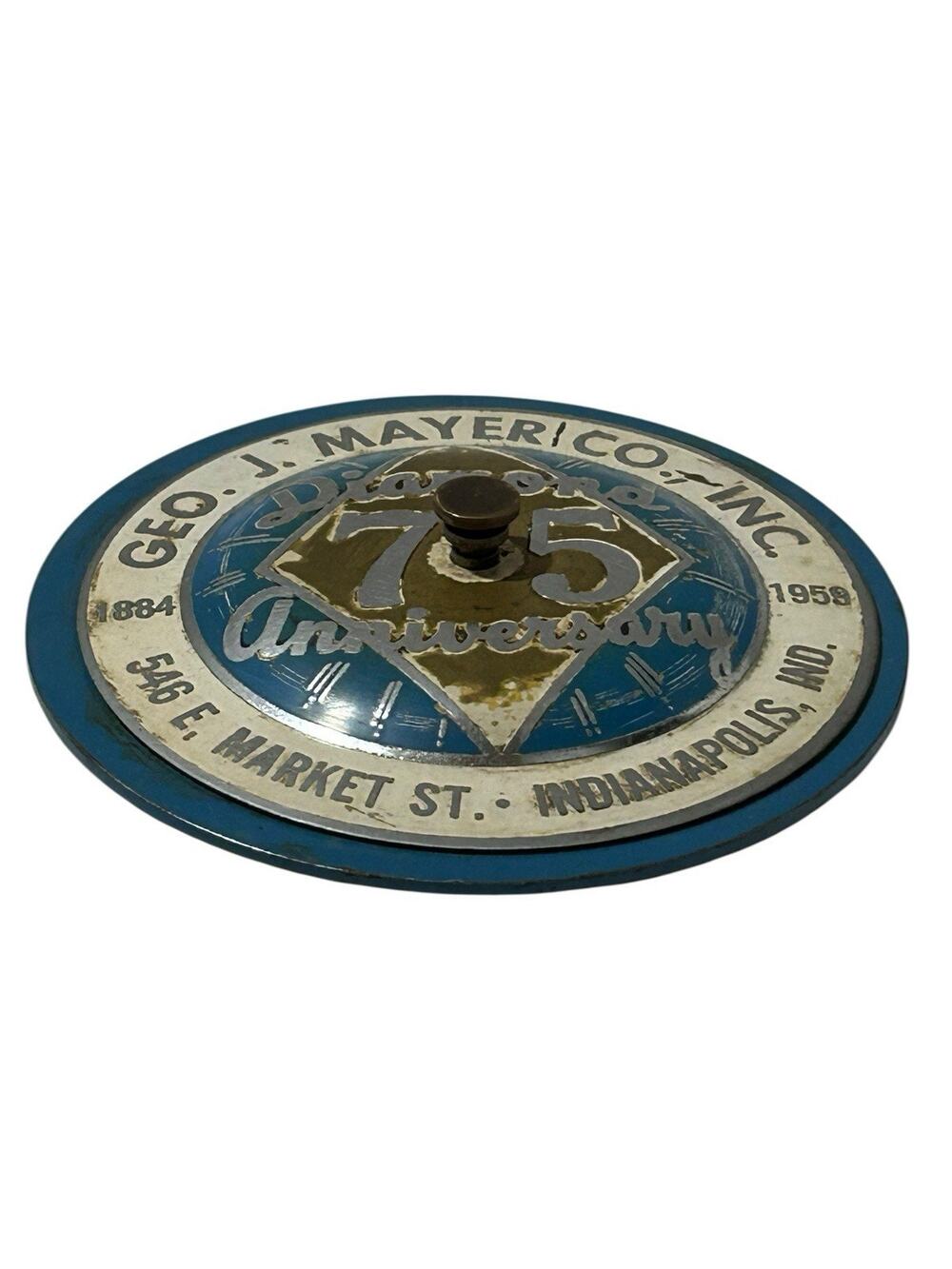 Vintage 1950's Geo J. Mayer Co. Diamond 75th Anniversary Emblem 1959 Bottle Co.